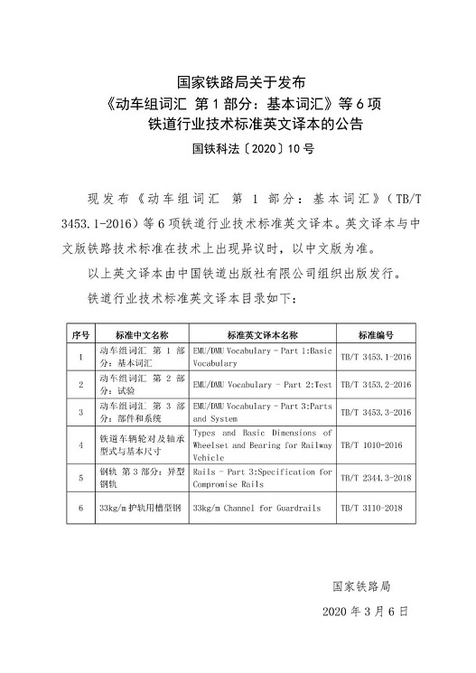 国家铁路局发布《动车组词汇 第1部分:基本词汇》等6项铁道行业技术标准英文译本(图2) 1-200312100956114.jpg