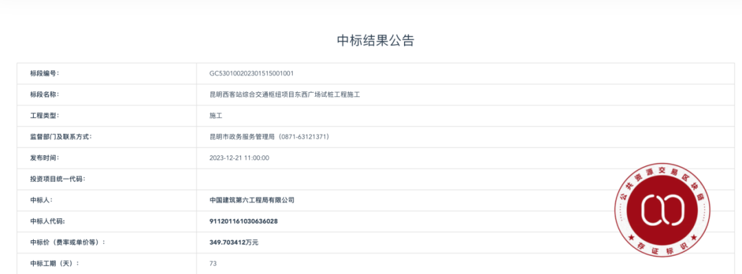 “昆明西客站综合交通枢纽项目东西广场试桩工程施工”中标公示截图 “昆明西客站综合交通枢纽项目东西广场试桩工程施工”中标公示截图
