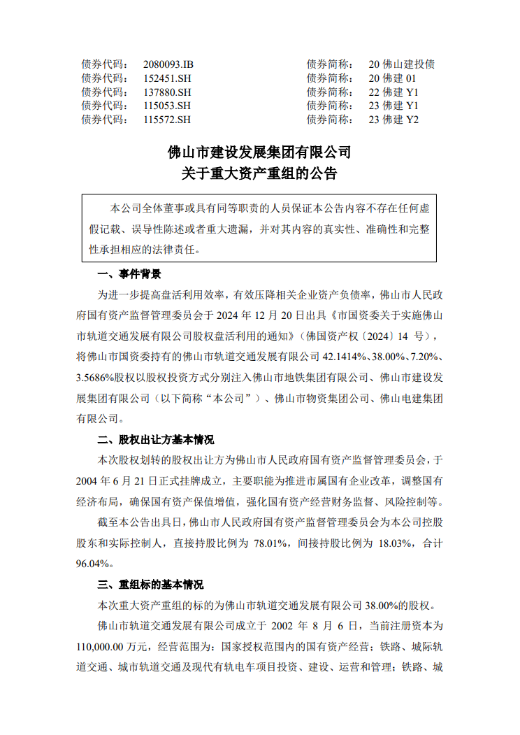 佛山市建设发展集团有限公司关于重大资产重组的公告(图1) 3-2501020S015322.png