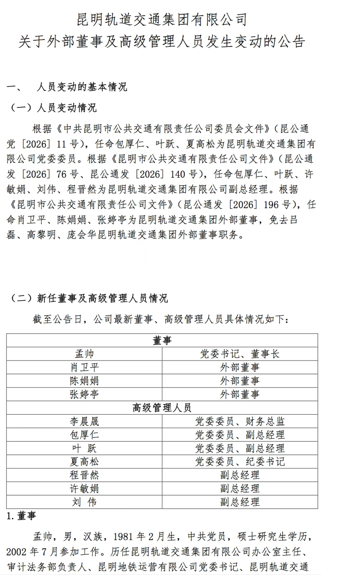 昆明轨道交通集团高管调整,含2名90后(图1) 昆明1.png